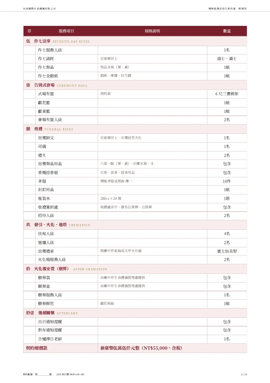 永恆生命經濟型殯葬服務定型化契約書 第 5 頁,共 10 頁
