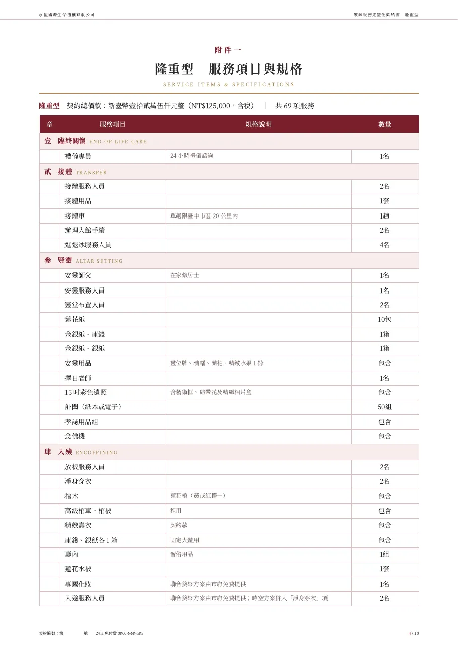 永恆生命隆重型殯葬服務定型化契約書 第 4 頁，共 10 頁