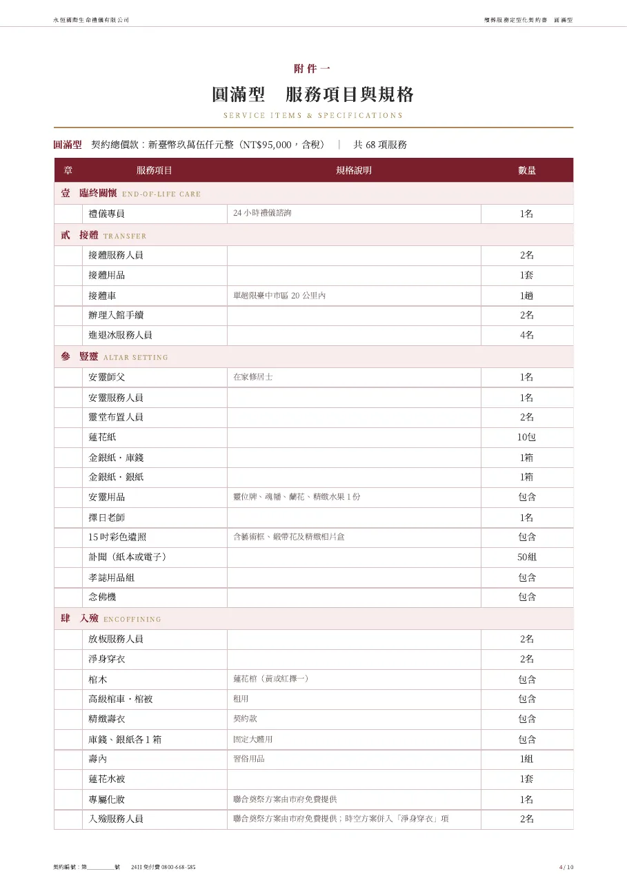 永恆生命圓滿型殯葬服務定型化契約書 第 4 頁，共 10 頁